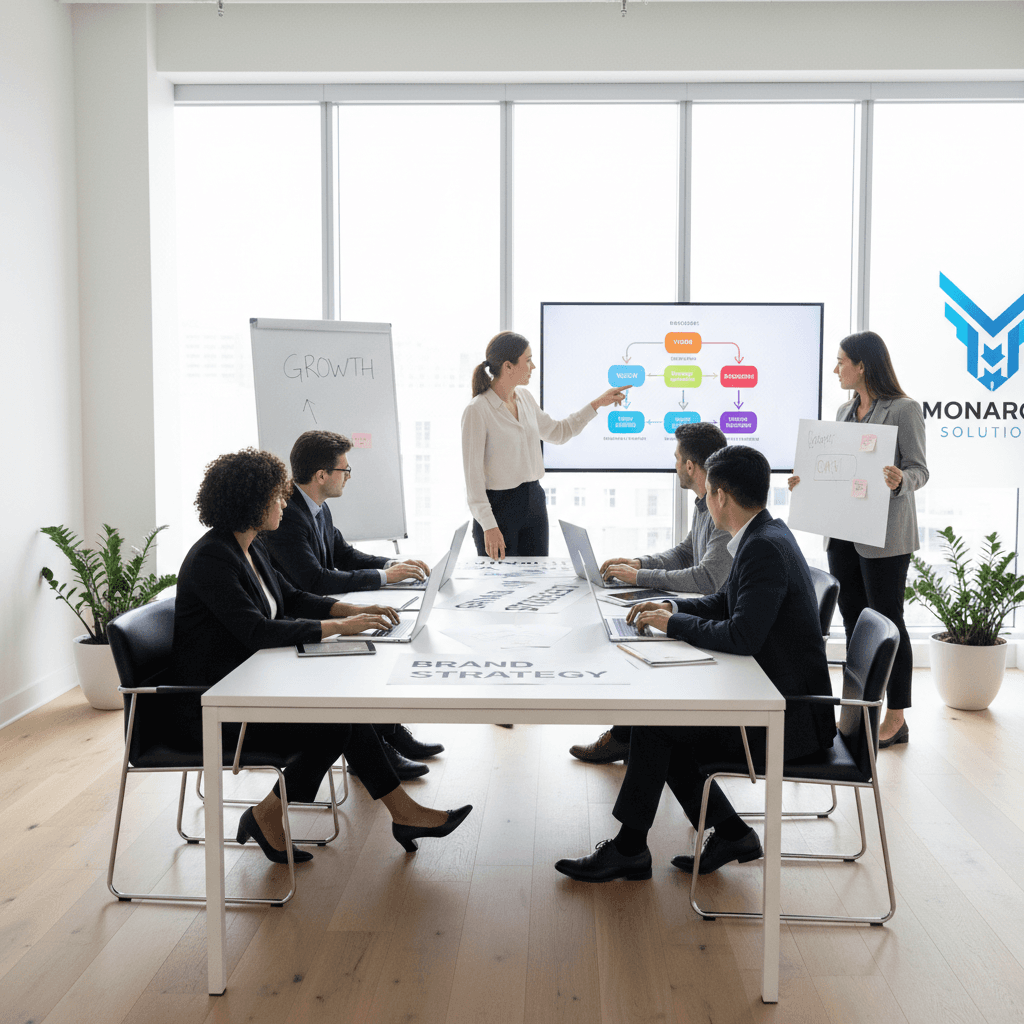 Professional team collaborating on brand strategy documents in modern bright office with minimalist design