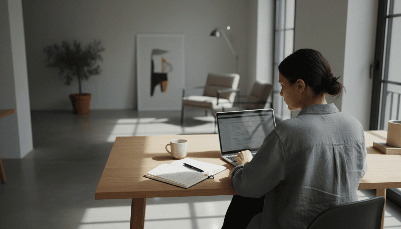 Market analyst working focused on research in a minimalist office with natural light