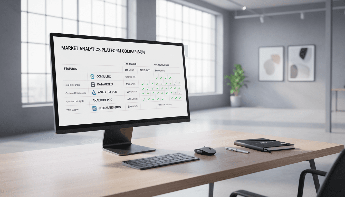 Computer monitor displaying detailed service comparison table with multiple providers, pricing tiers, and feature checklist columns