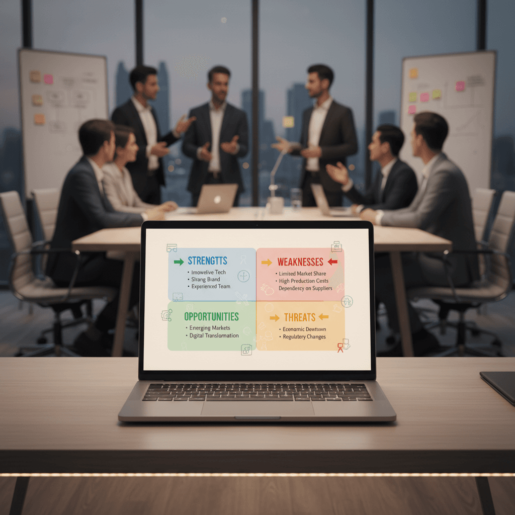 Laptop screen displaying a SWOT analysis in a modern office setting