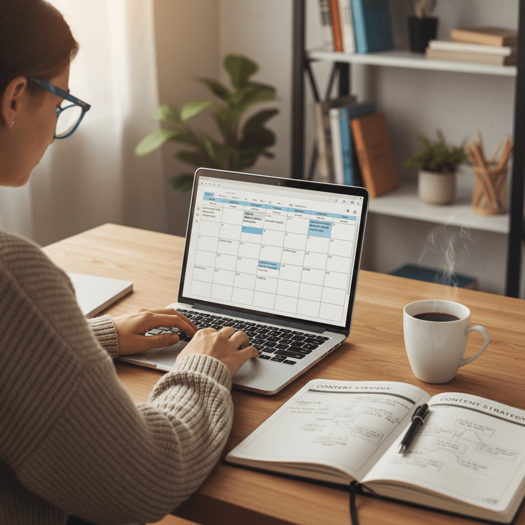 Content creation and planning process at work desk