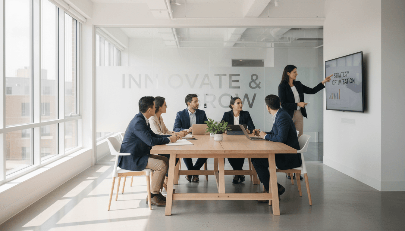 Marketing team working in a modern, naturally lit office with minimal decor.