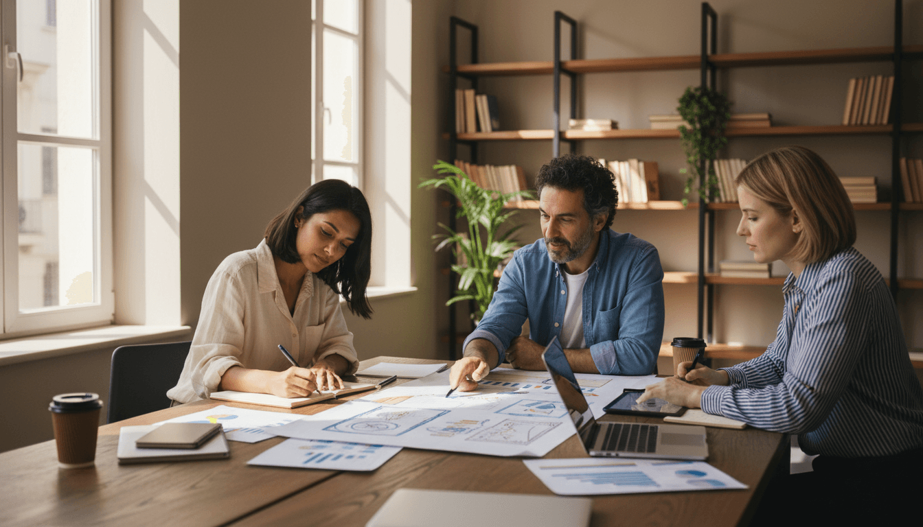 Marketing team collaborating on strategy in a bright Athens office
