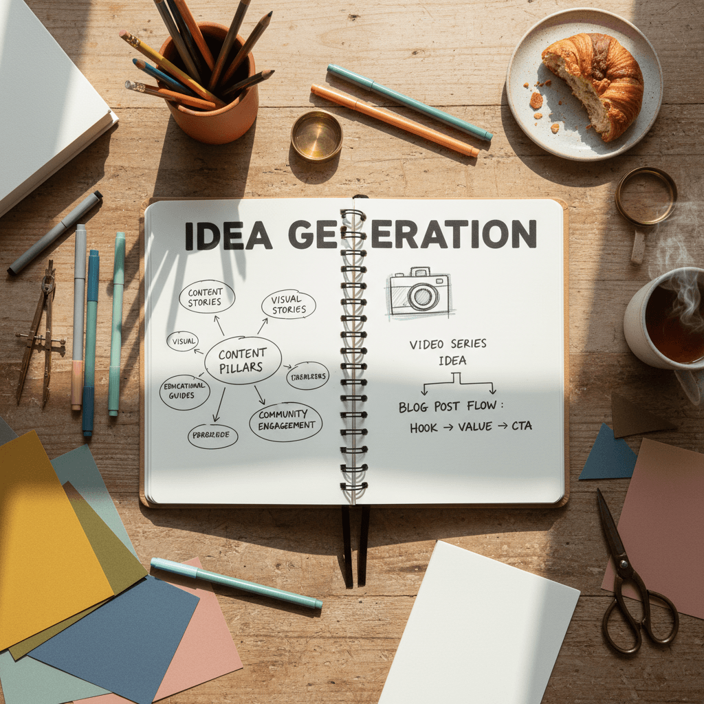 Content creation workspace with sketches and writing materials