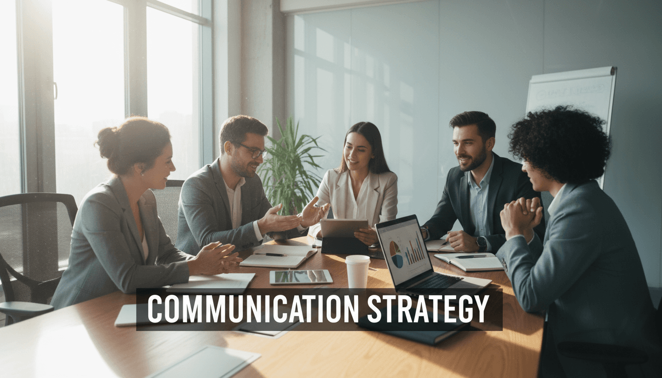 Marketing team discussing strategy in a modern office with natural lighting.