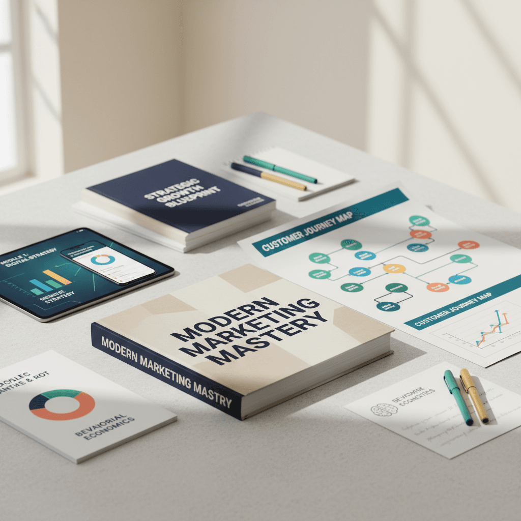Flat-lay arrangement of marketing education materials including charts, strategy documents, and digital course content