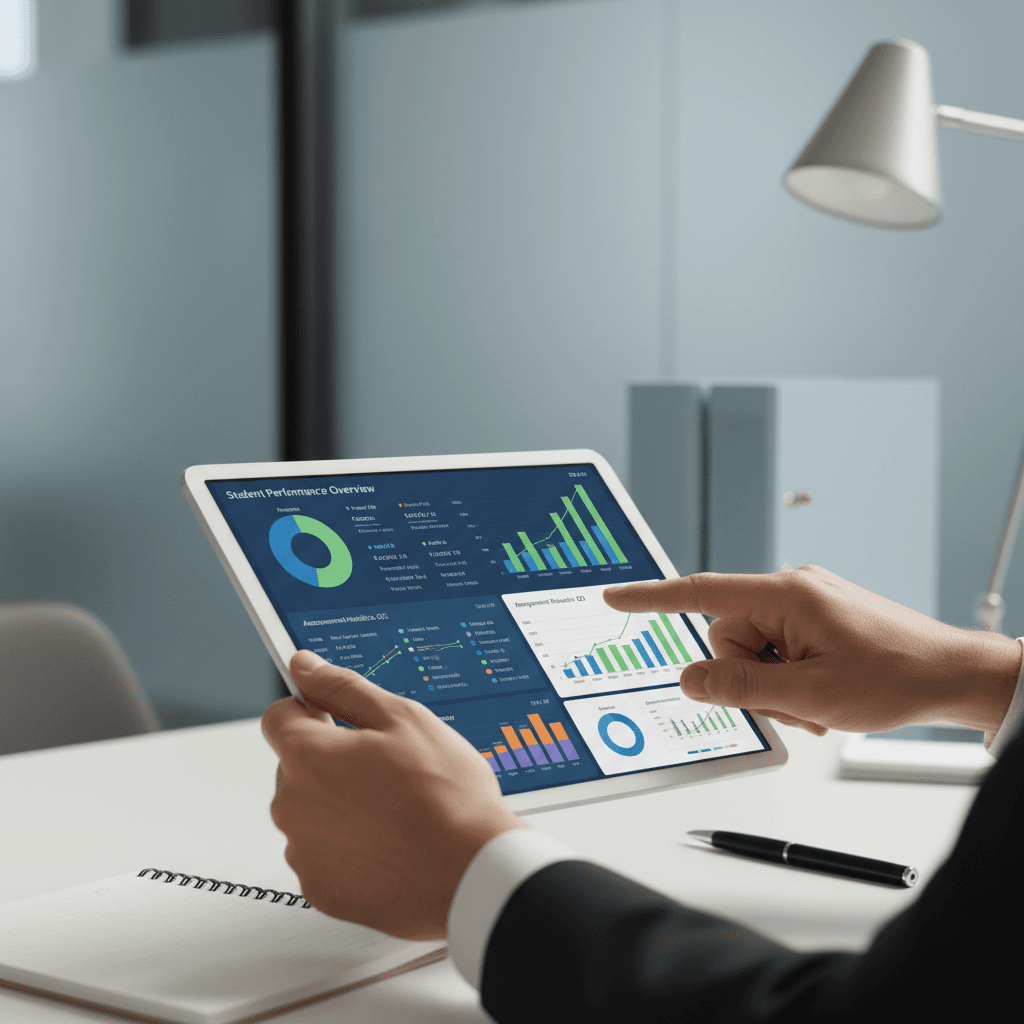 Instructor reviewing colorful performance analytics and test result charts on tablet in professional workspace