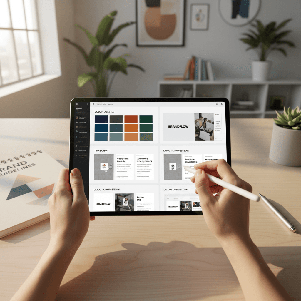 Designer's hands creating digital brand assets and visual content on tablet in sunlit professional workspace