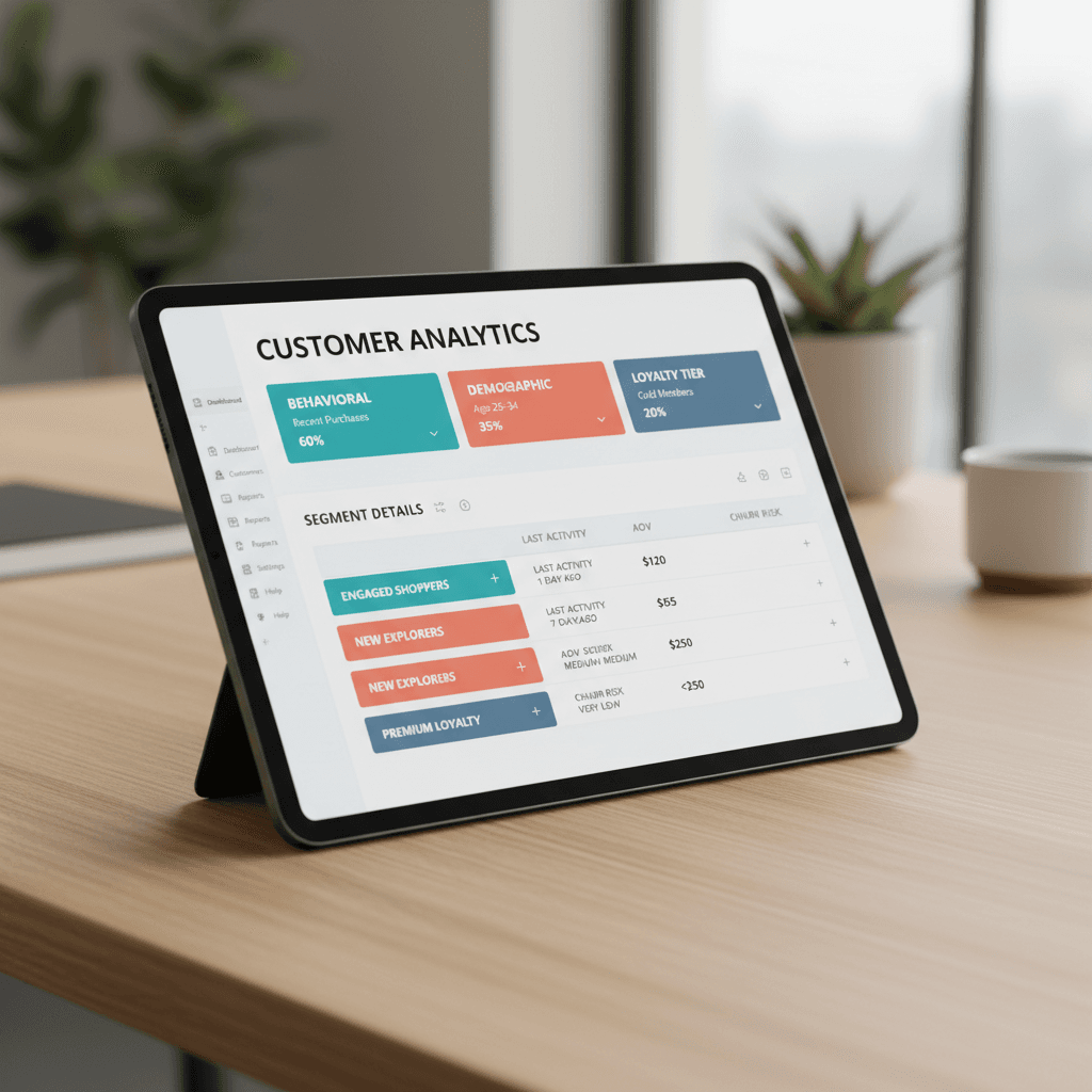 Close-up of tablet screen showing detailed customer segmentation dashboard with color-coded behavioral data and demographic filters