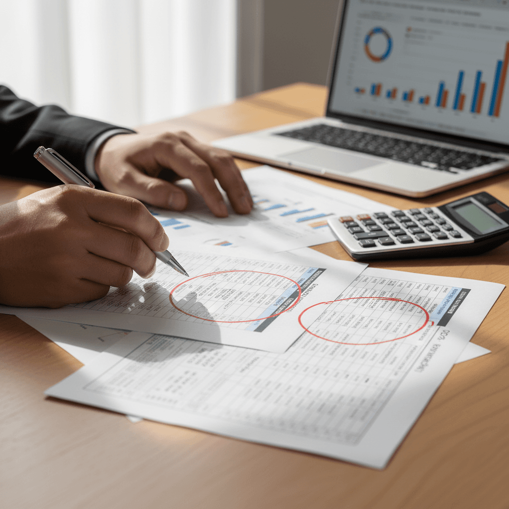Financial consultant's hands analyzing expense reports and marking inefficient spending patterns on printed budgets