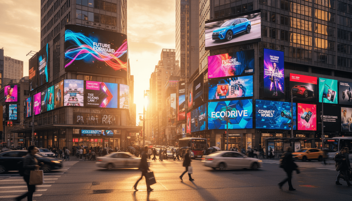 Multiple LED display screens mounted across urban street showing colorful dynamic advertisements with pedestrians and vehicles moving through intersection