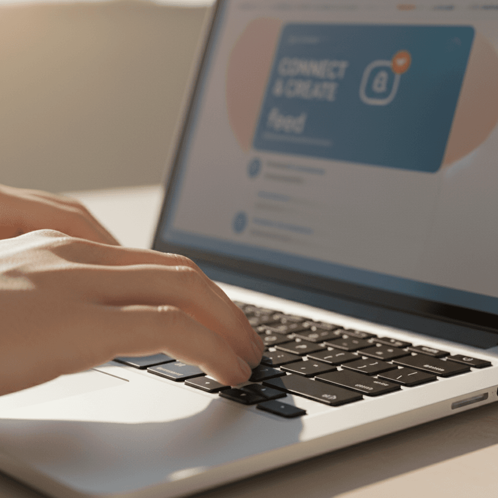 Close-up of hands typing on laptop keyboard with blurred social networking interface in background