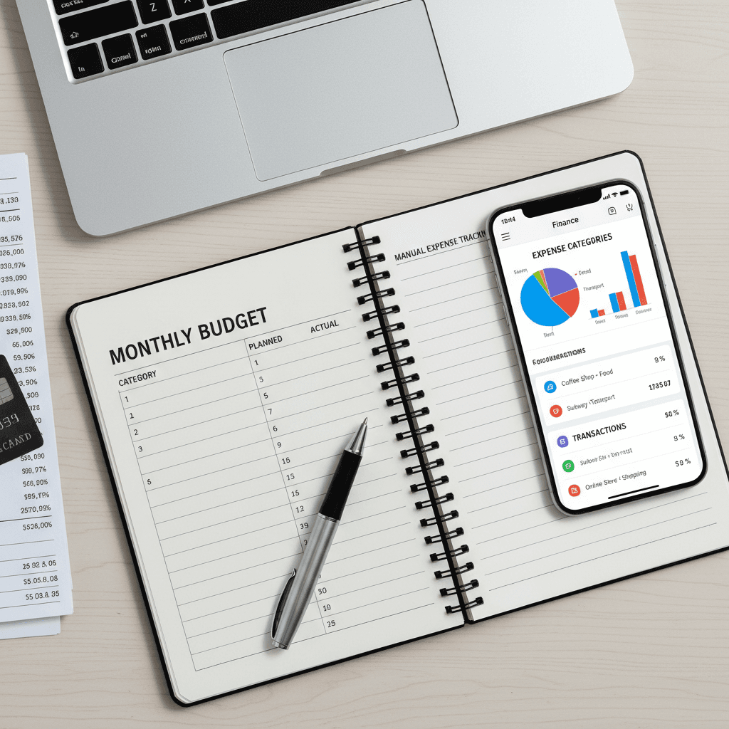Overhead view of smartphone showing expense charts alongside open notebook and financial documents on desk