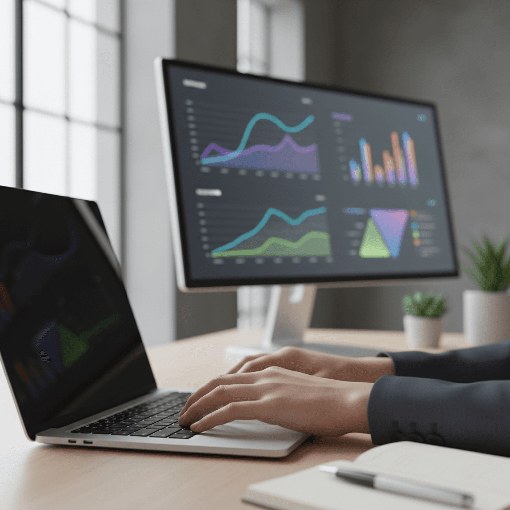 Professional hands typing on laptop with analytics dashboards displaying performance metrics and colorful data visualization charts on secondary monitor
