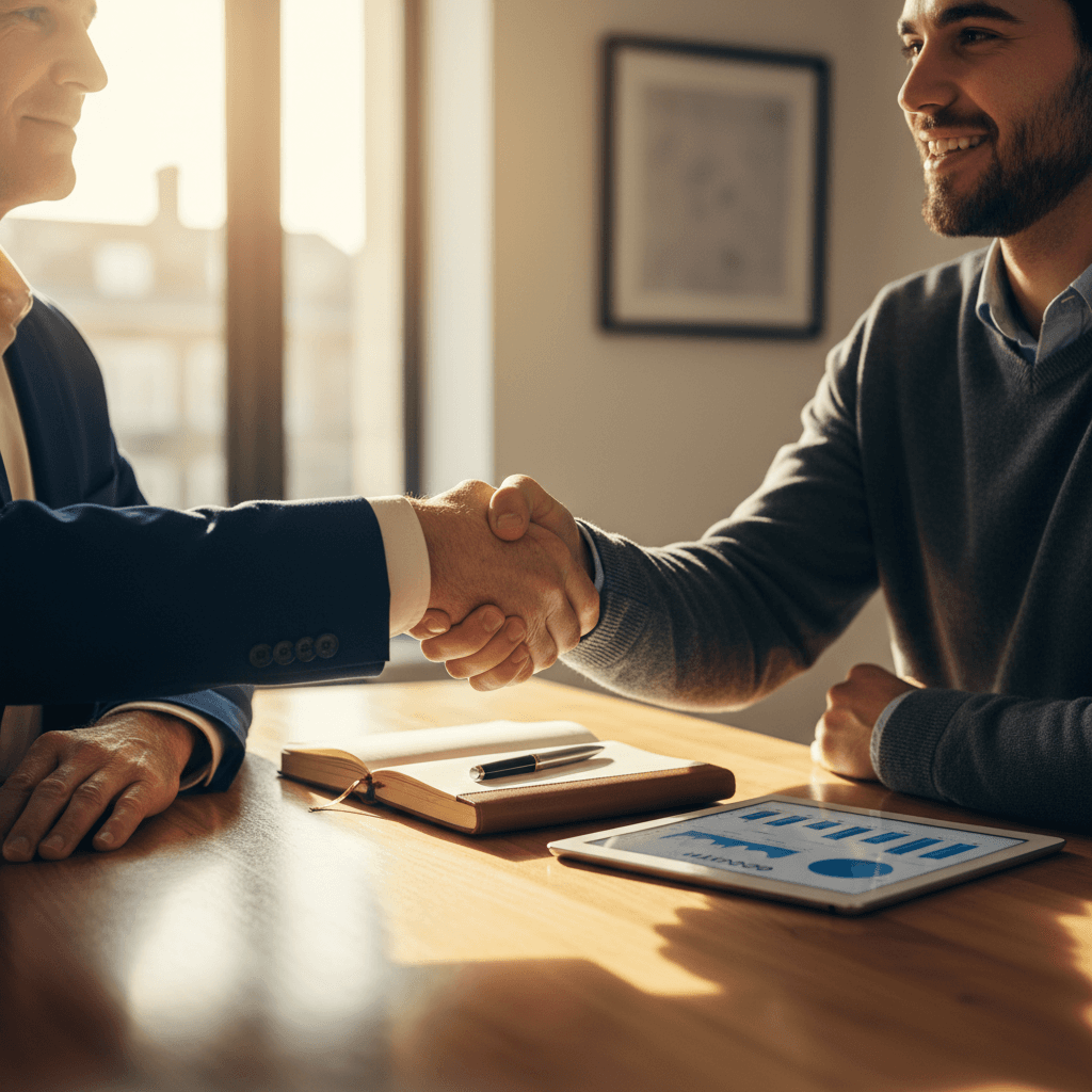 Mentor and young founder shaking hands over wooden table during advisory session, symbolizing partnership and business support
