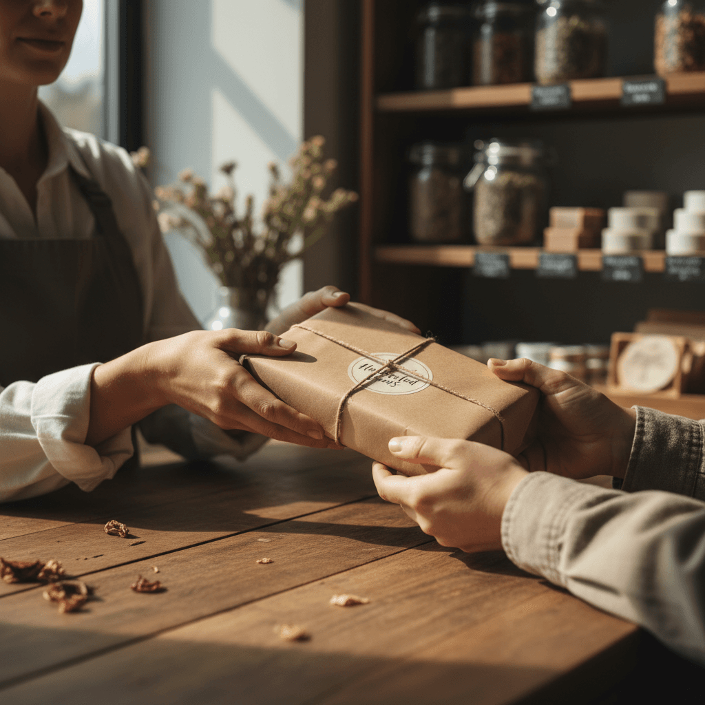 Small business owner and customer hands exchanging packaged product across wooden counter in warm natural light