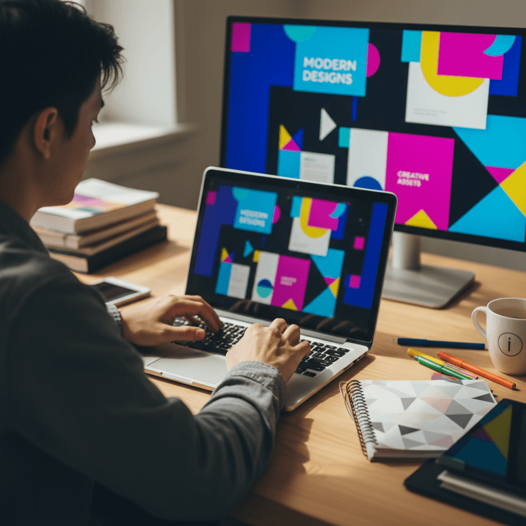 Designer's hands on laptop keyboard with colorful templates displayed on dual monitors in natural light