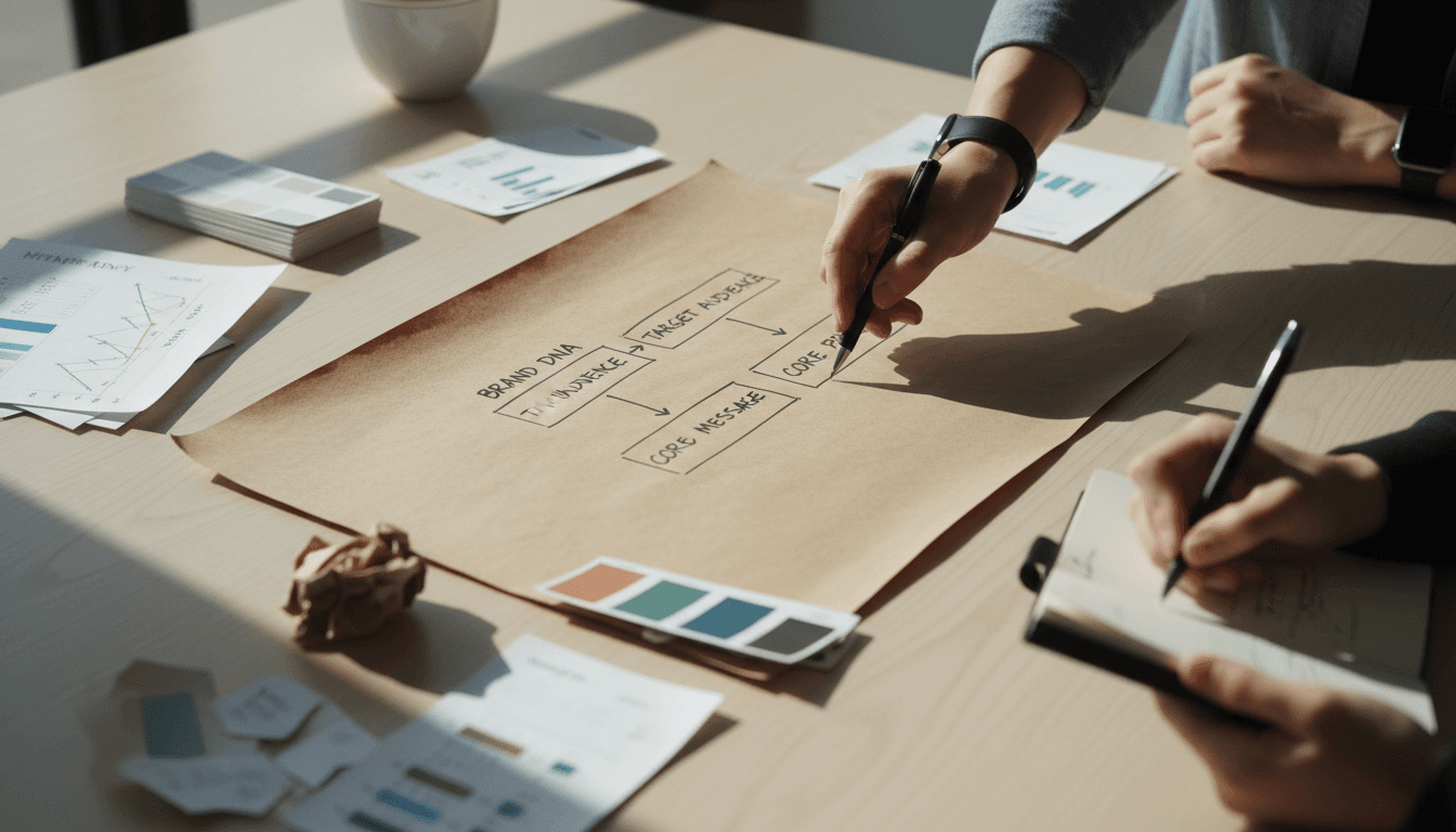 Consultant pointing to brand positioning framework on kraft paper during strategic planning session with color swatches and typography samples