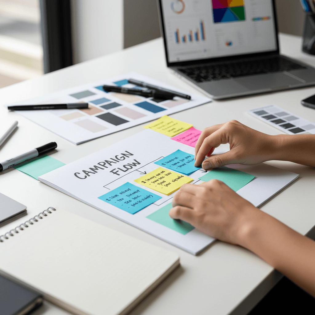 Strategist arranging colorful sticky notes and campaign sketches overhead on desk with laptop displaying analytics data