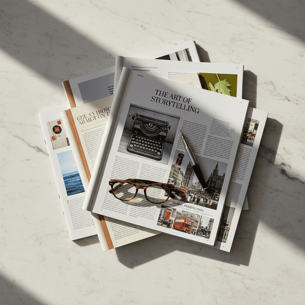 Flat-lay overhead view of open magazines, reading glasses, and fountain pen on marble tabletop with natural sunlight