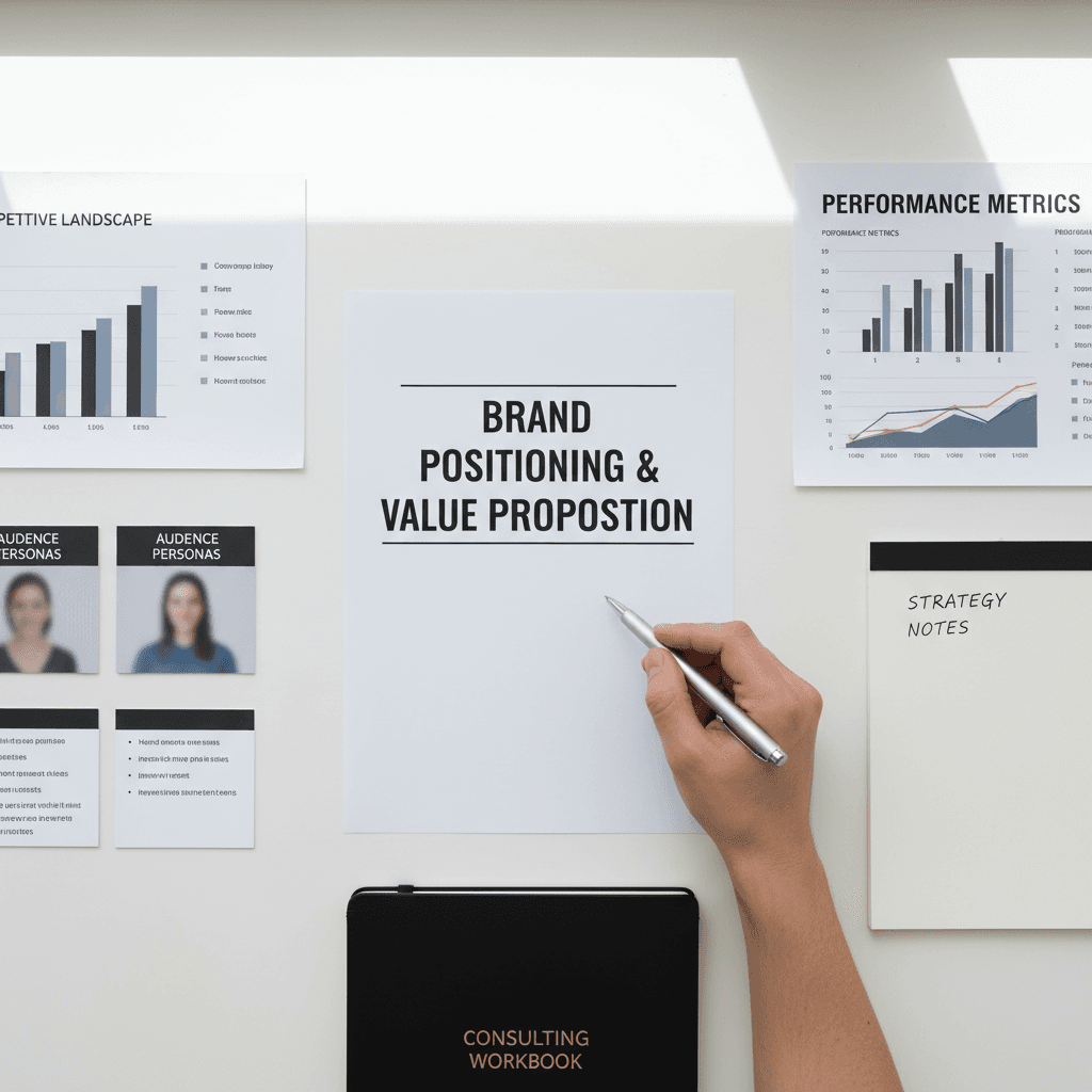 Overhead view of brand strategy documents, competitive analysis, and marketing materials arranged on white desk with consultant's hand