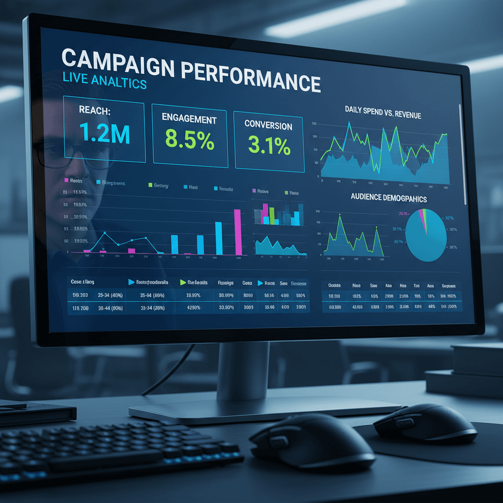 Computer monitor displaying detailed social media advertising analytics dashboard with real-time campaign metrics and performance data