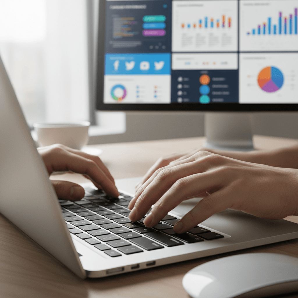 Hands typing on laptop keyboard with marketing dashboards visible on monitors in active digital workspace