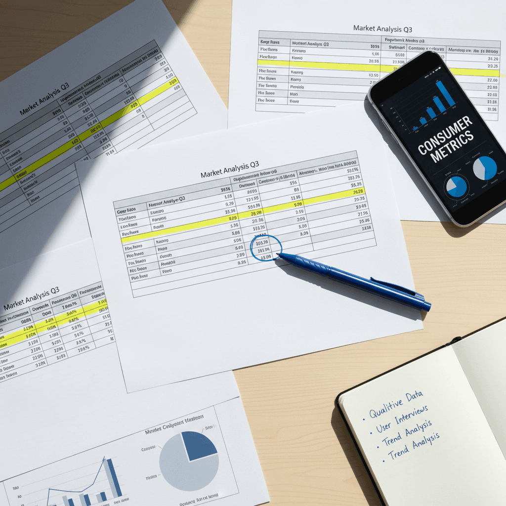 Flat-lay of research documents, charts, and metrics on wooden desk with highlighting and notes