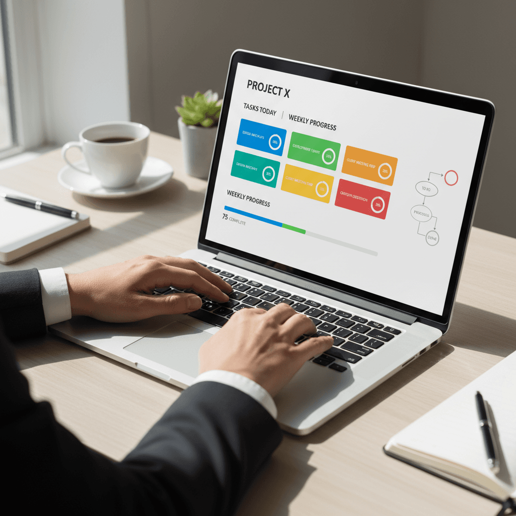 Hands typing on laptop keyboard showing colorful task management dashboard with workflow visualization in bright office setting