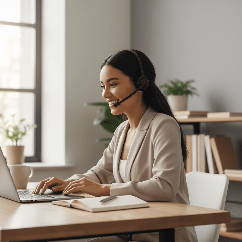 Professional woman on video call in bright home office, smiling confidently during job interview preparation