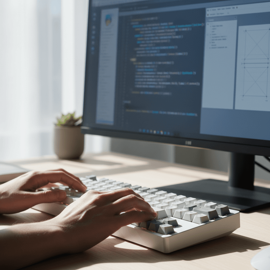 Developer's hands typing on mechanical keyboard with code and design mockups visible on monitor
