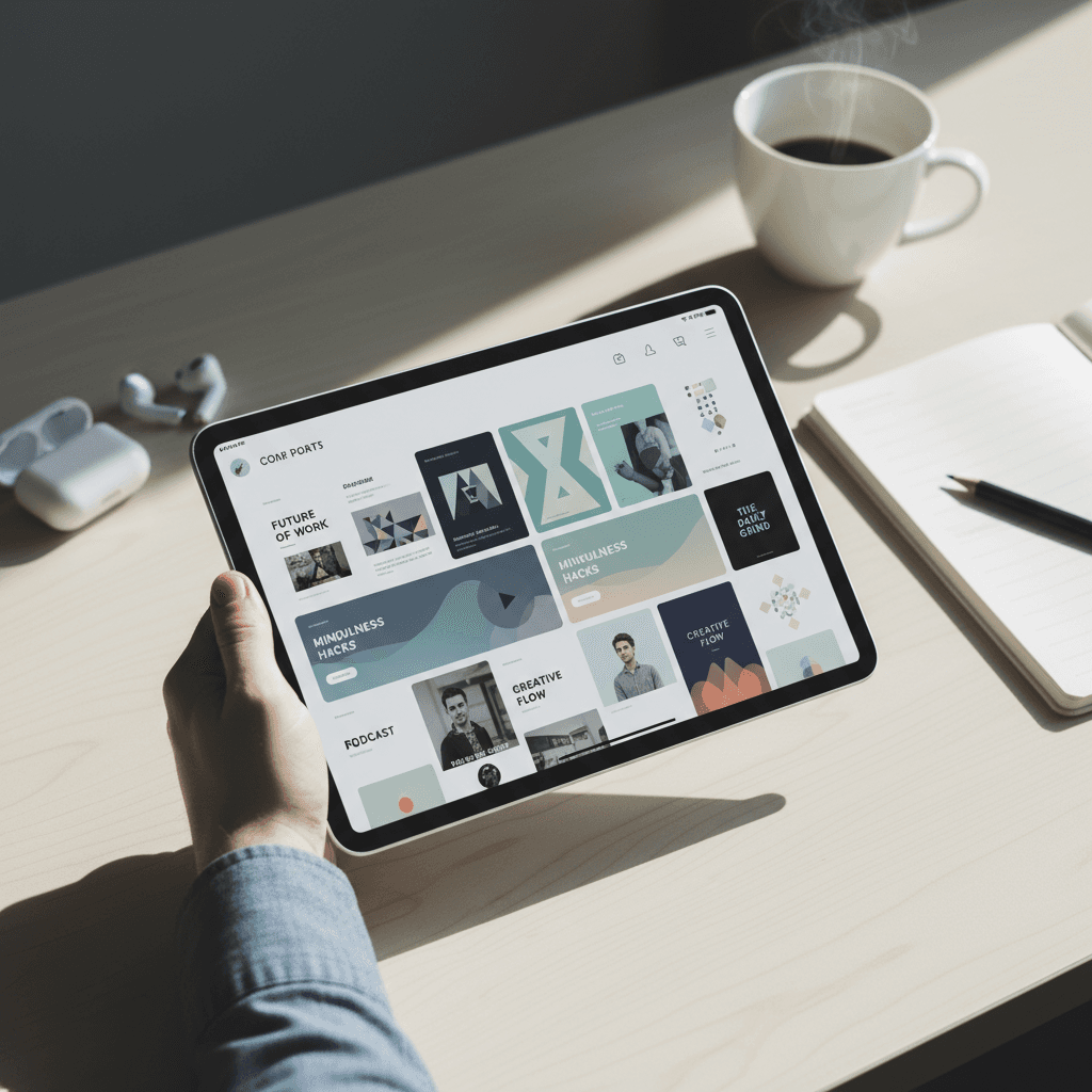 Overhead view of hands holding tablet displaying personalized content feed on wooden desk with coffee and earbuds