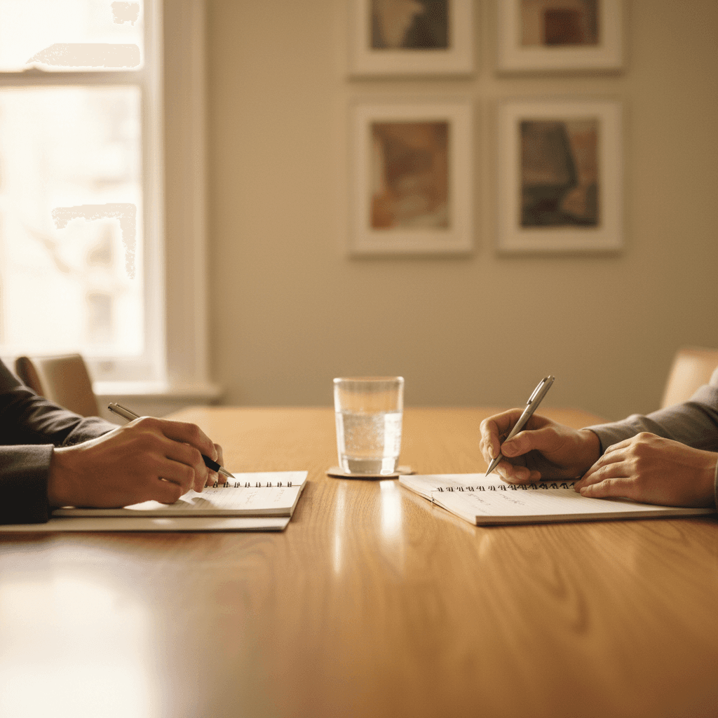 Two people engaged in mediation session, hands on table with notepads, natural light from window creating calm professional atmosphere