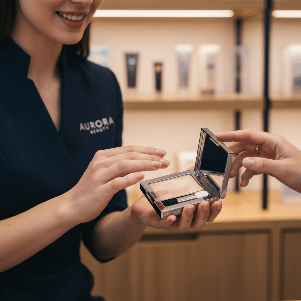 Close-up of brand ambassador expertly demonstrating product features to engaged retail customer in professional setting