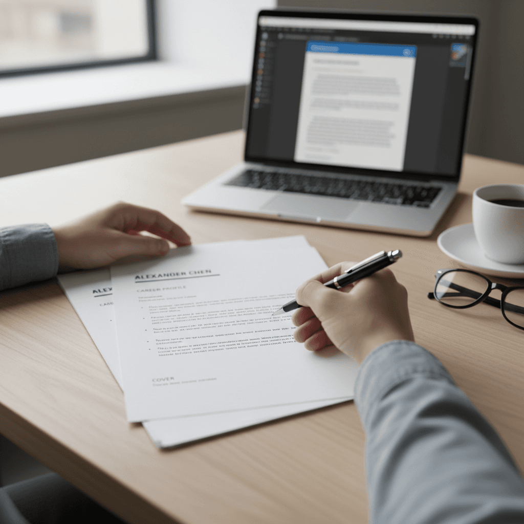 Career consultant's hands reviewing printed resume and cover letter on wooden desk with laptop nearby
