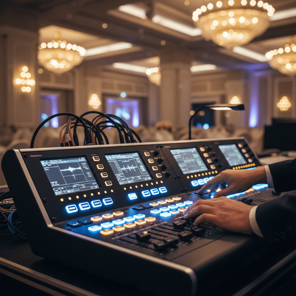 Technician's hands operating professional audio-visual control panel with illuminated buttons and sound system controls