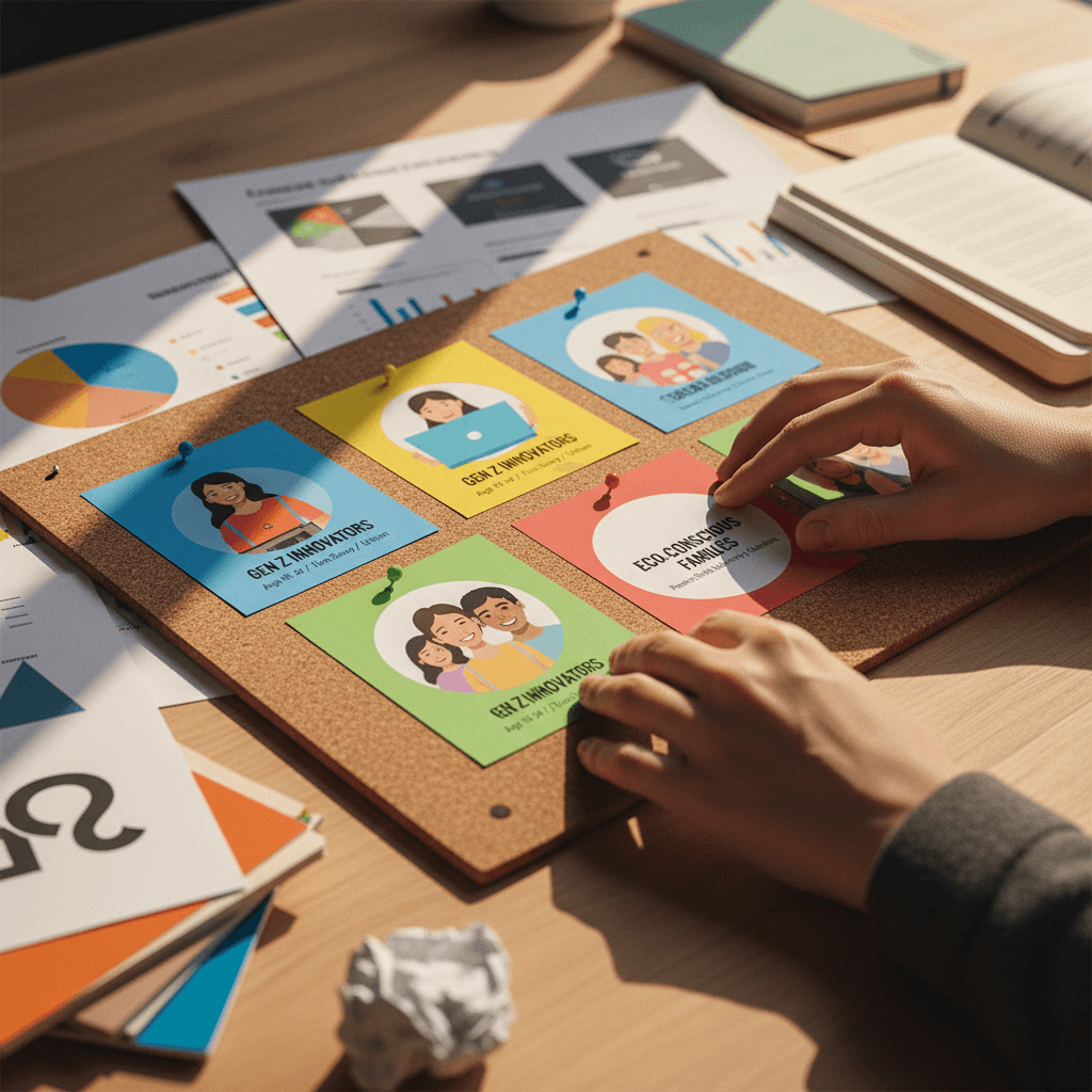 Strategist's hands arranging colorful demographic targeting cards on cork board with campaign documents visible