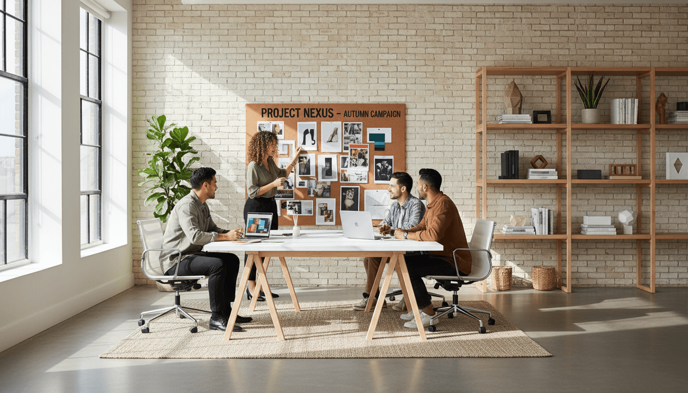 Diverse creative team collaborating around conference table during brand strategy session with mood board and laptops visible