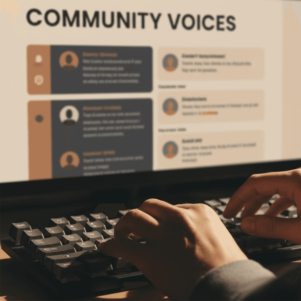 Close-up of hands typing on keyboard with community platform forum posts visible on computer monitor screen