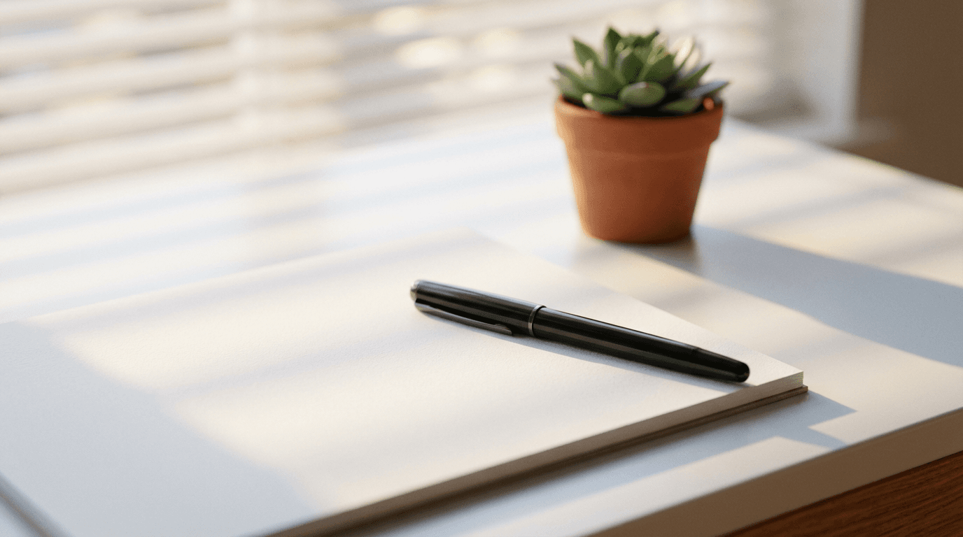 Designer's desk with pen on sketchpad, succulent plant, sunlit shadows, minimalist modern workspace.