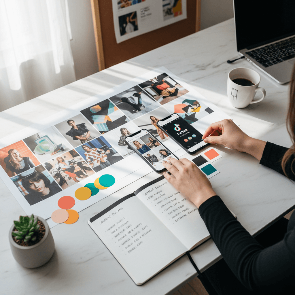 Content strategist's hands arranging social media mockups, mood boards, and planning materials on bright workspace