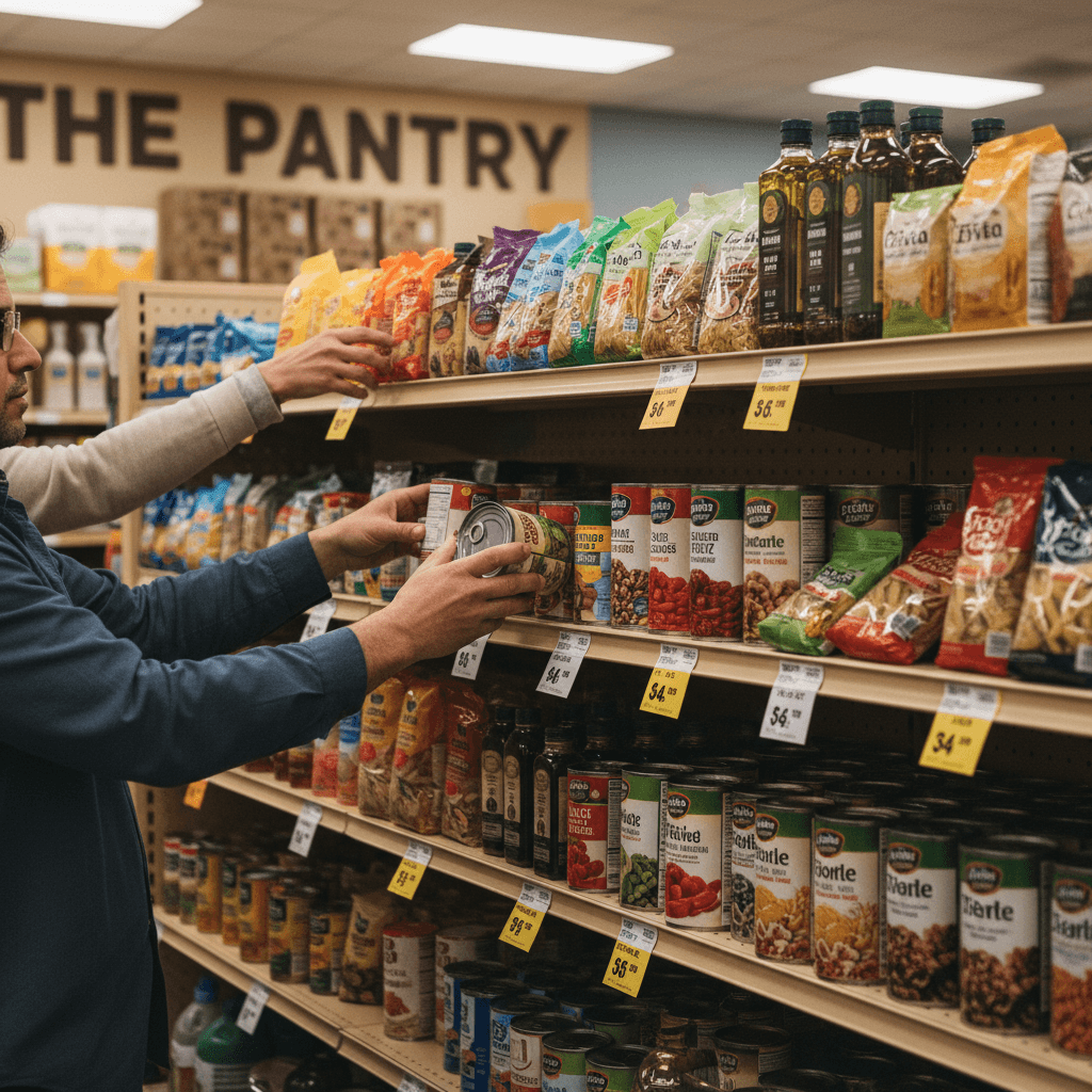 Customer hands selecting packaged goods and household essentials from well-organized shelves displaying competitive bulk pricing tags
