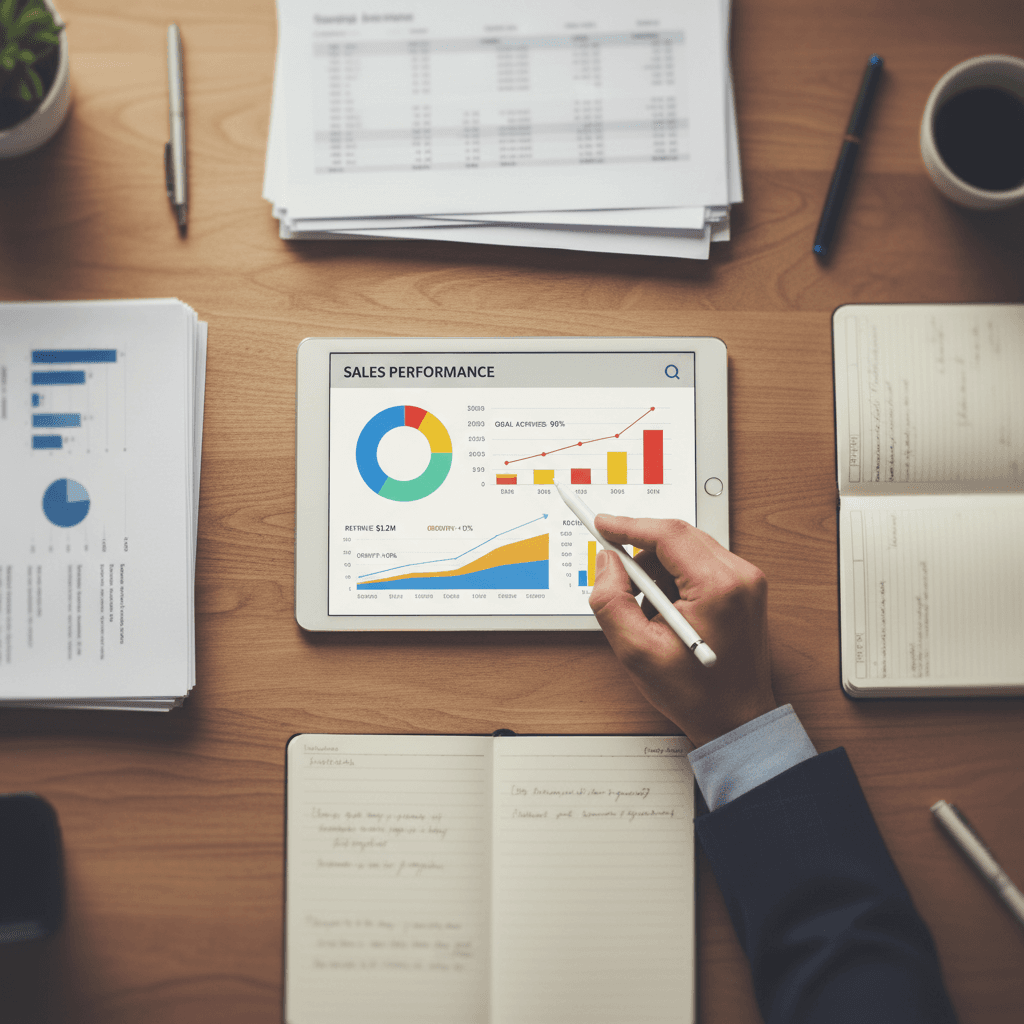 Close-up overhead view of tablet displaying colorful sales performance dashboard with manager pointing to data metrics