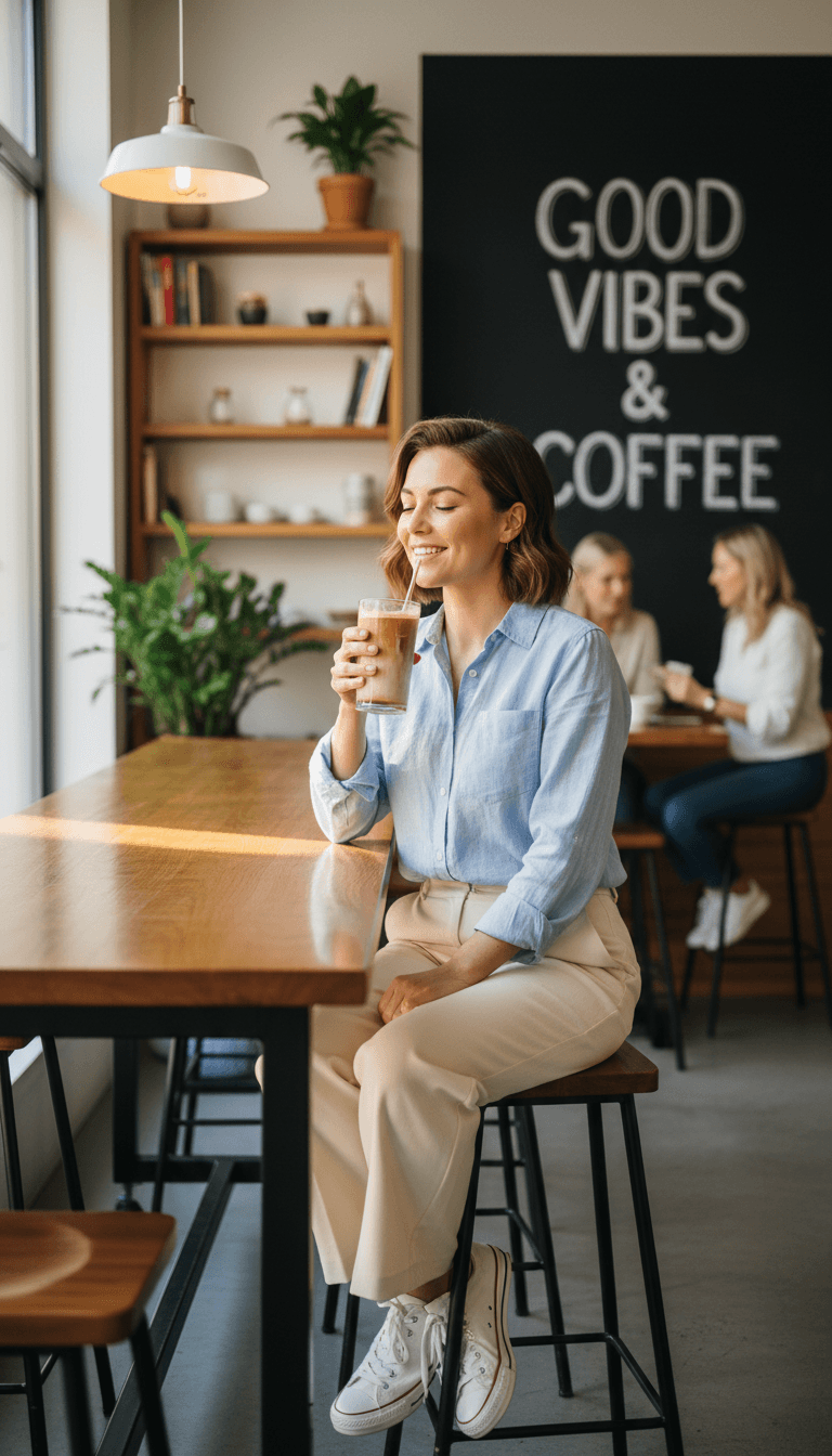 Young professional customer sitting at café table, enjoying iced coffee beverage with satisfied expression