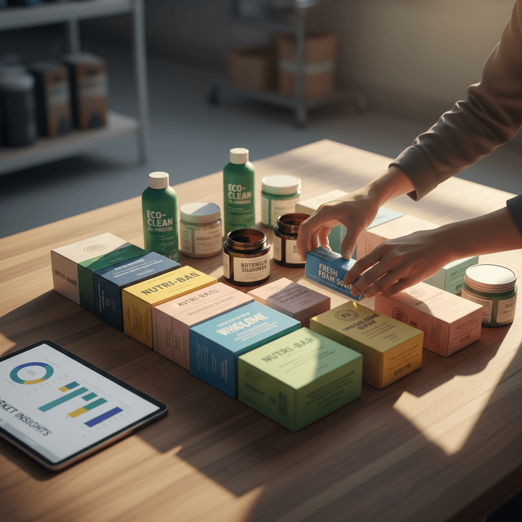 Overhead view of arranged consumer products and packaging with hands, tablet showing marketplace data on wooden workspace with natural lighting
