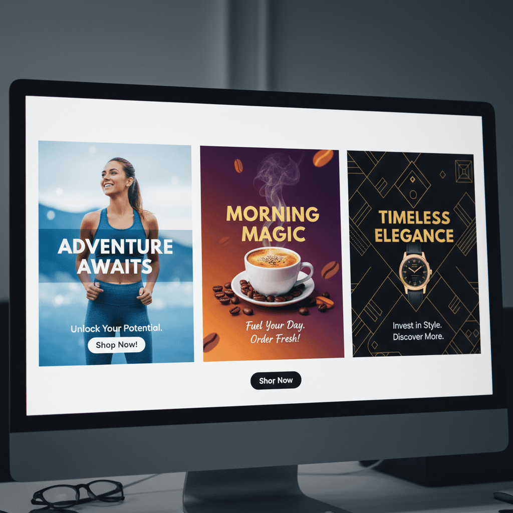 Computer monitor displaying multiple Instagram ad creative variations showing different designs for A/B testing and audience segmentation