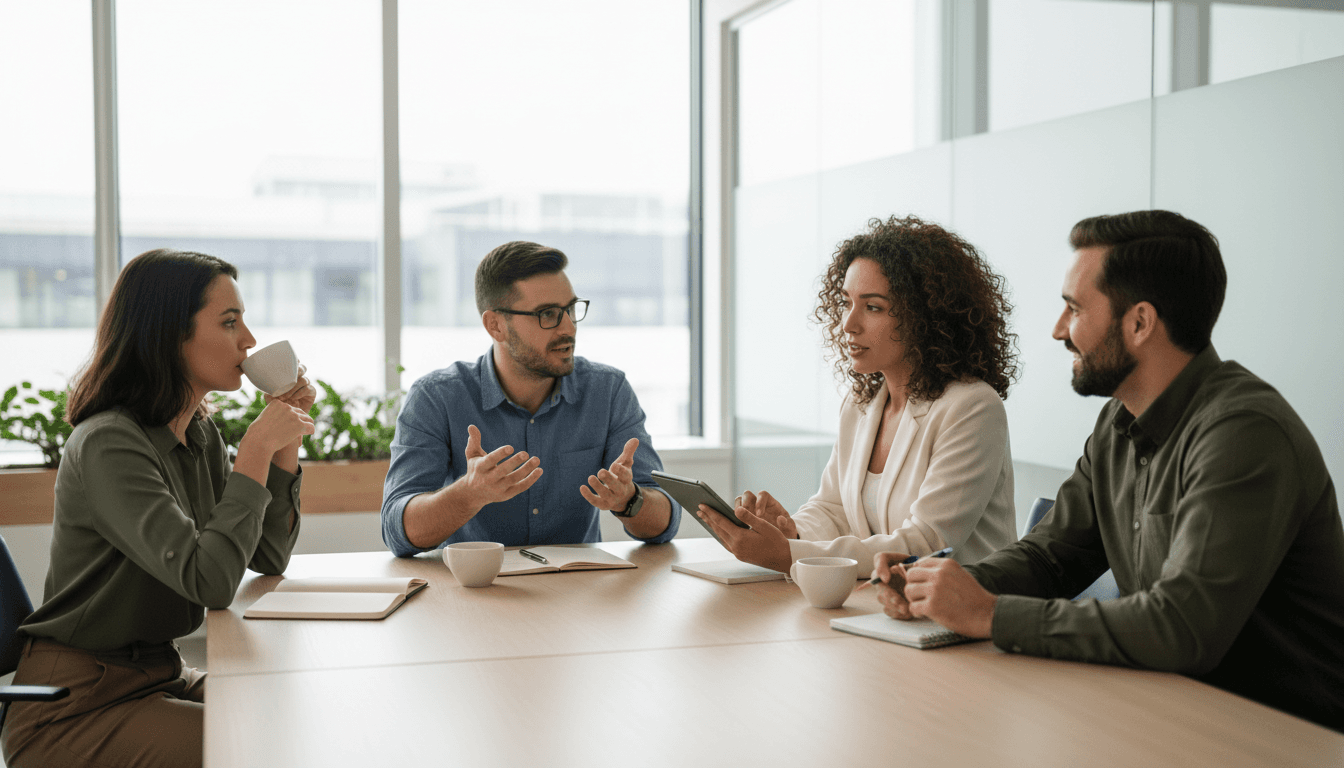 Diverse research team conducting focus group discussion around wooden table with natural window lighting in modern office space