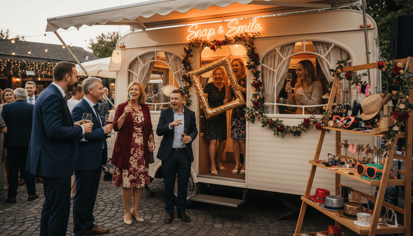 Diverse guests laughing and interacting at photo booth entrance, selecting props and creating memories together