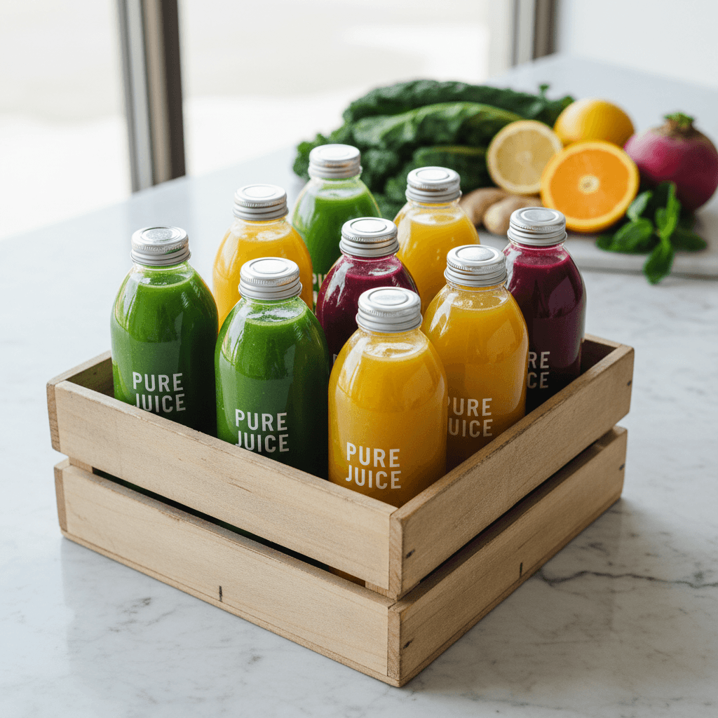 Colorful cold-pressed juice bottles with vibrant green and purple liquid arranged in rustic wooden crate with natural window lighting