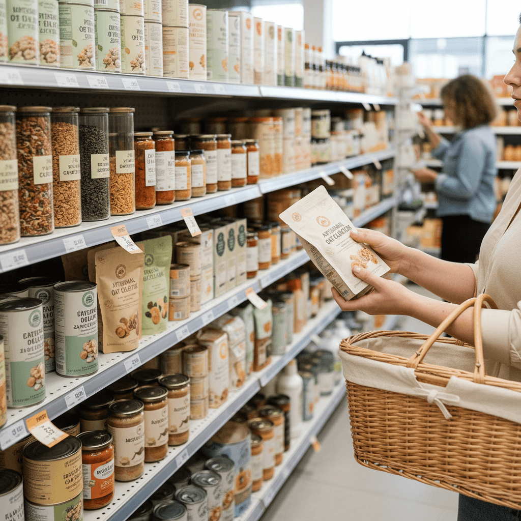 Customer's hand selecting packaged groceries from organized hypermart shelves, carrying shopping basket down crowded aisle